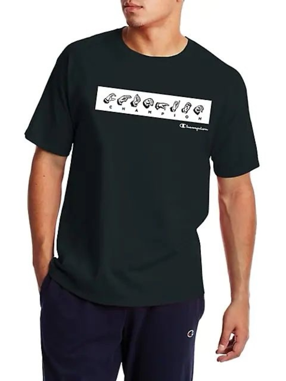 Champion Black Short-Sleeve Tee with White Sign Language Logo Size S
